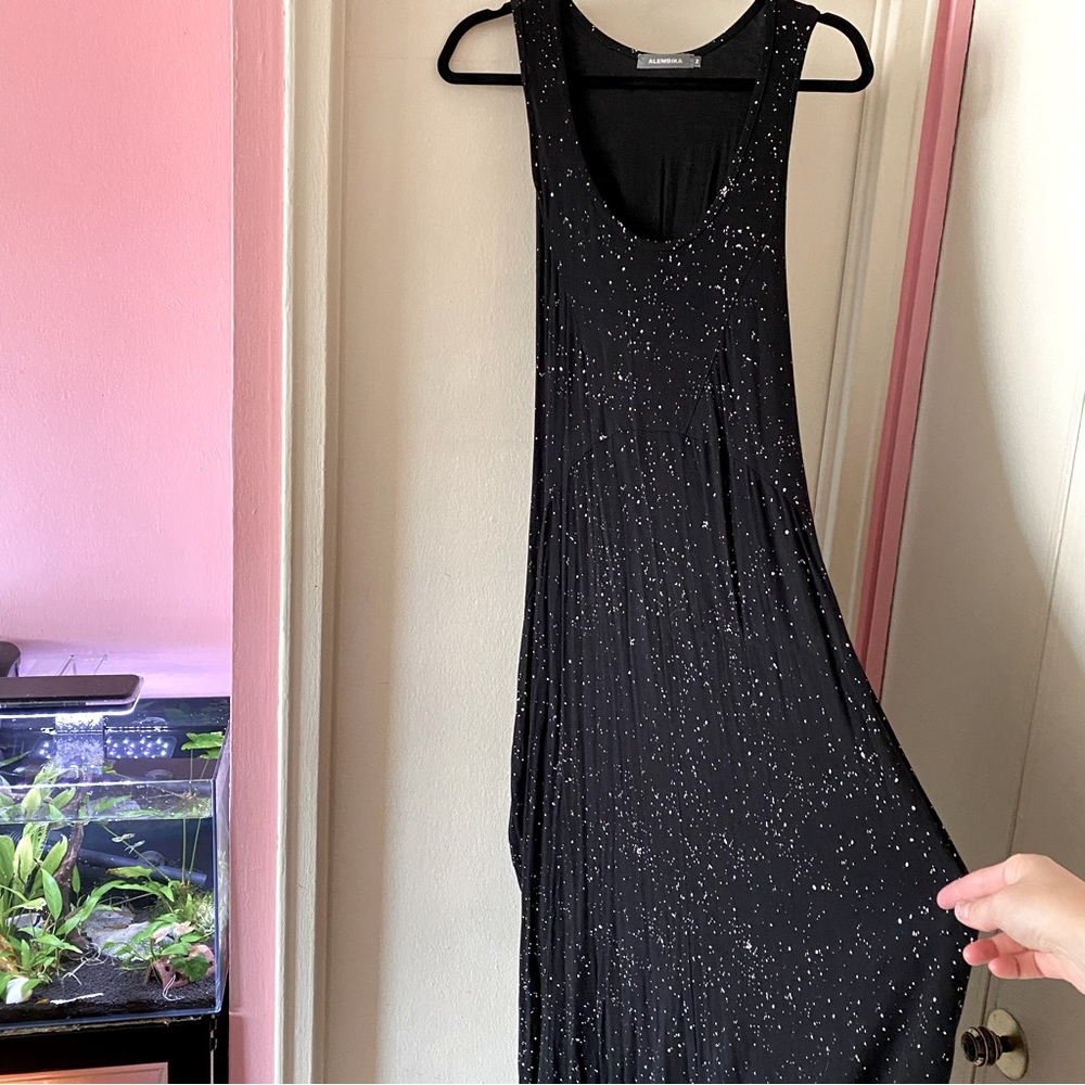 Alembika Black Maxi Dress with White Spots All Over and Waist Tie